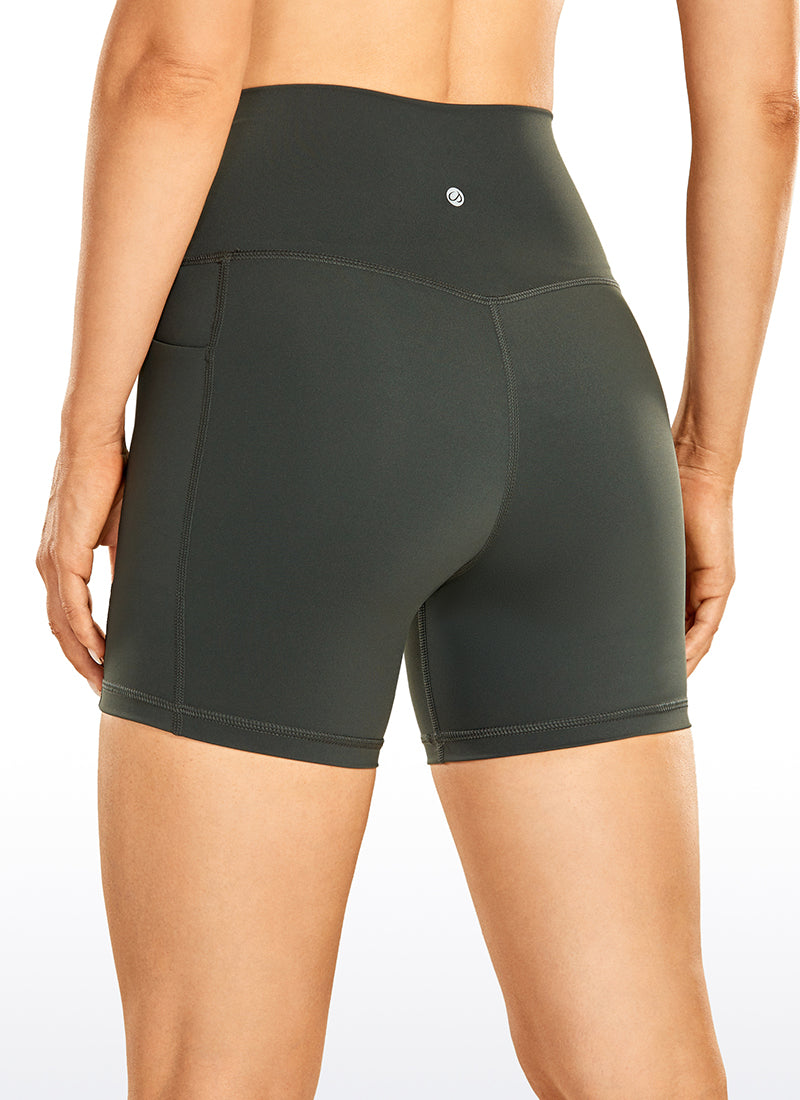 CRZ YOGA Women's Train High Rise Biker Nakedfeel Pocket Shorts 5'' Grey Olive @model_info:N