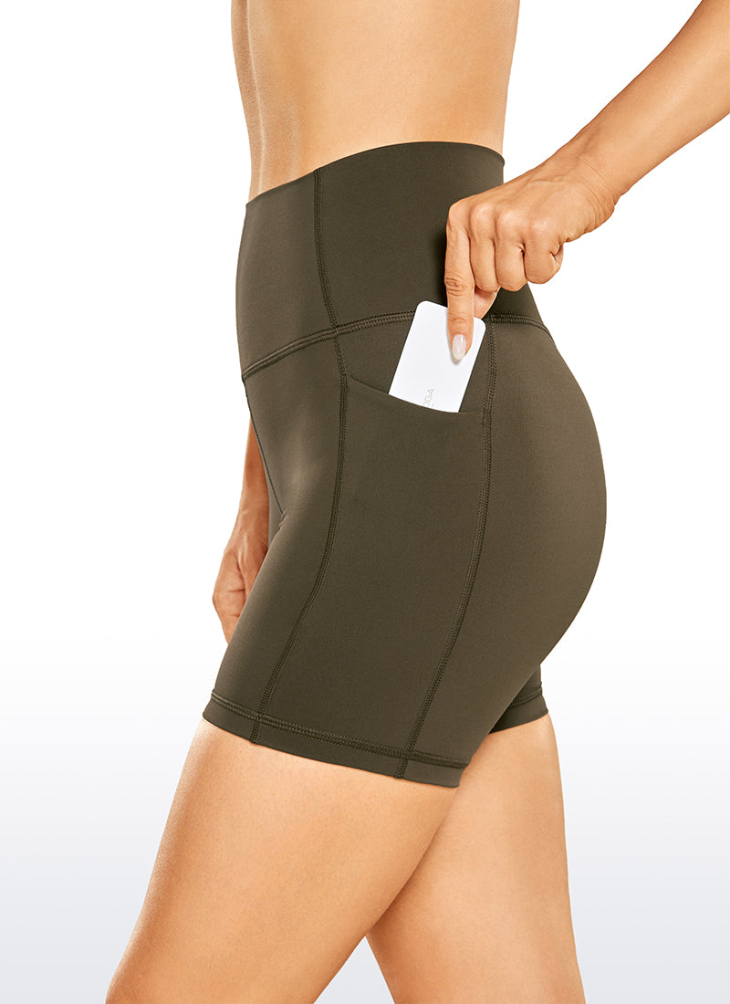 CRZ YOGA Women's Train High Rise Biker Nakedfeel Pocket Shorts 5'' Olive yellow