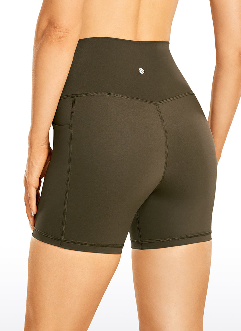 CRZ YOGA Women's Train High Rise Biker Nakedfeel Pocket Shorts 5'' Olive yellow