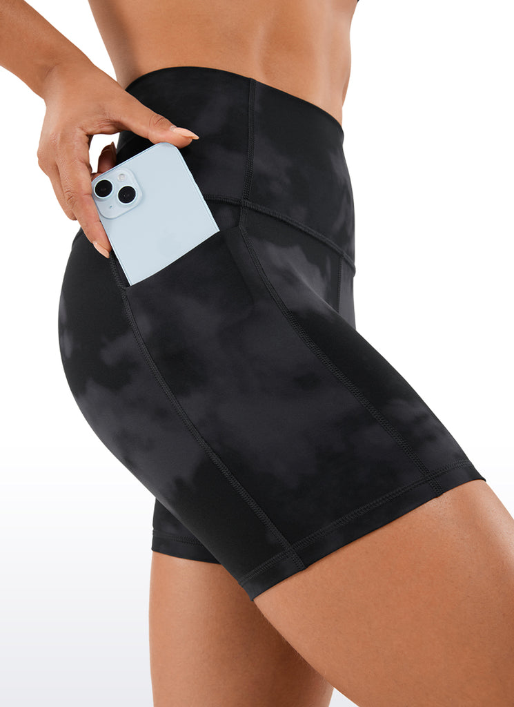 CRZ YOGA Women's Train High Rise Biker Nakedfeel Pocket Shorts 5'' Black Tie Dye Flowers