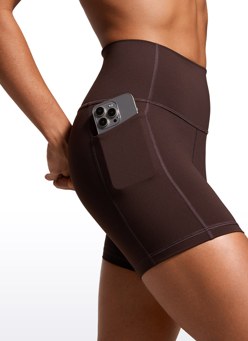 CRZ YOGA Women's Train High Rise Biker Nakedfeel Pocket Shorts 5'' Hot Fudge Brown @model_info:A