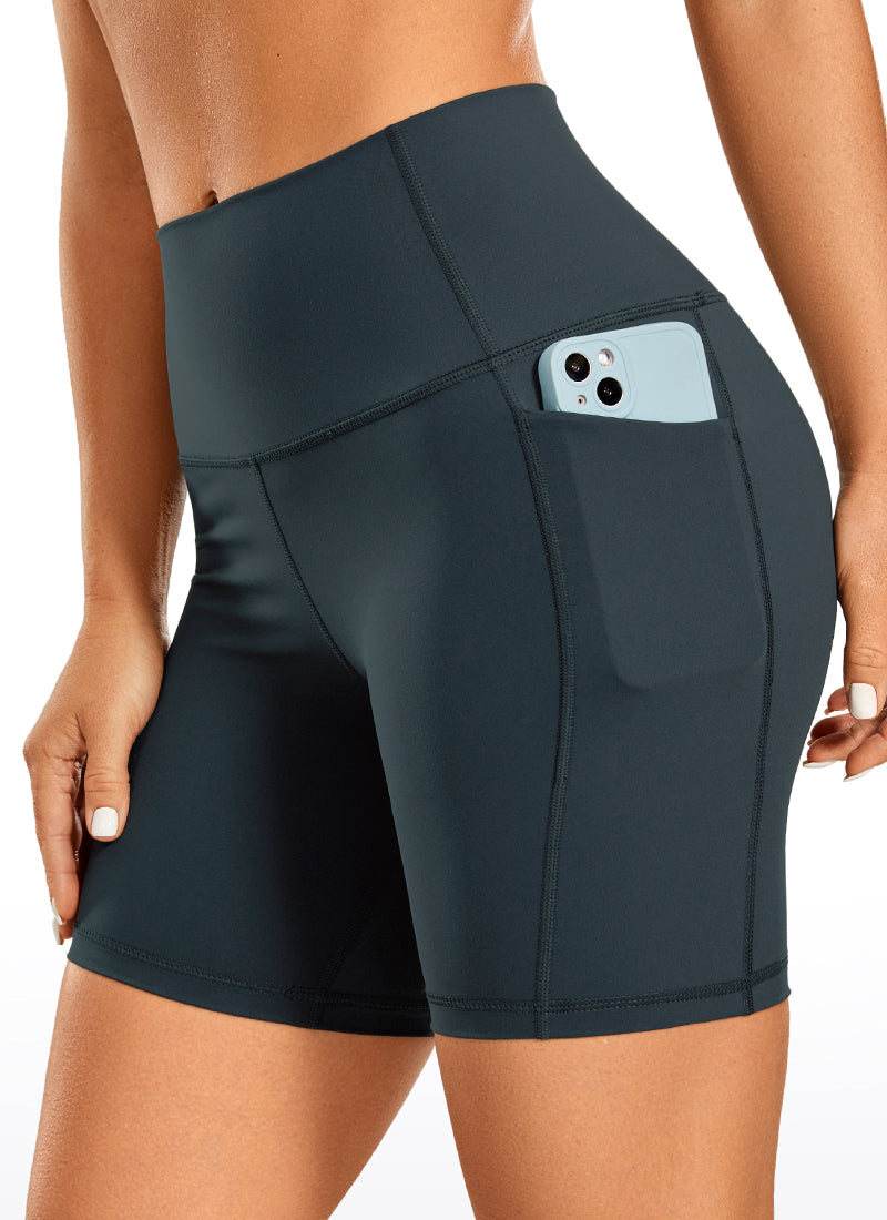 CRZ YOGA Women's Train High Rise Biker Nakedfeel Pocket Shorts 6'' Dark Green @model_info:NEW3