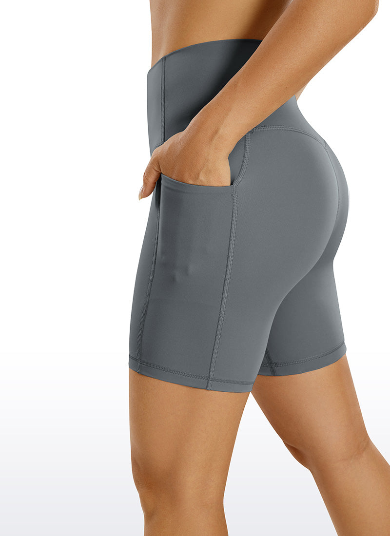CRZ YOGA Women's Train High Rise Biker Nakedfeel Pocket Shorts 6'' Dark Carbon