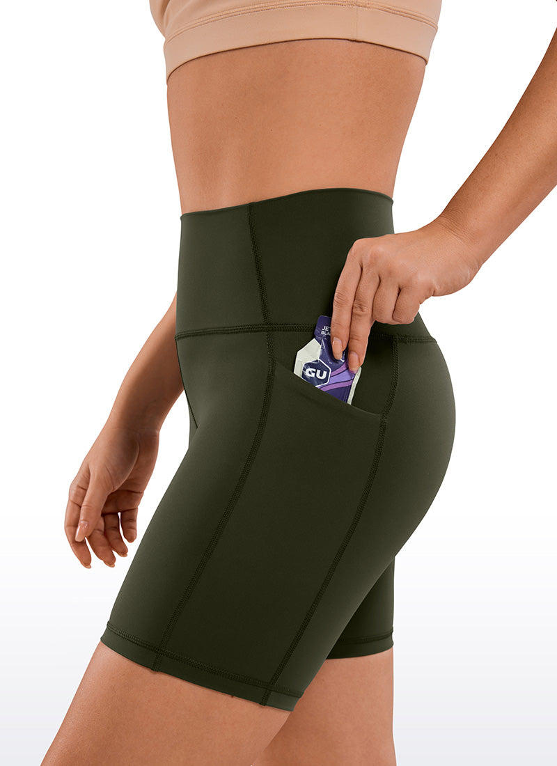 CRZ YOGA Women's Train High Rise Biker Nakedfeel Pocket Shorts 6'' Olive Green