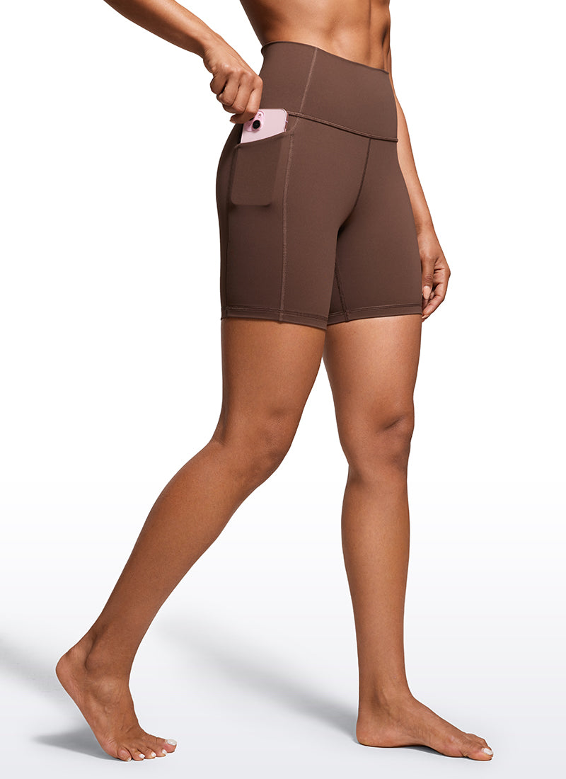 CRZ YOGA Women's Train High Rise Biker Nakedfeel Pocket Shorts 6'' Coffee Brown @model_info:Amanda