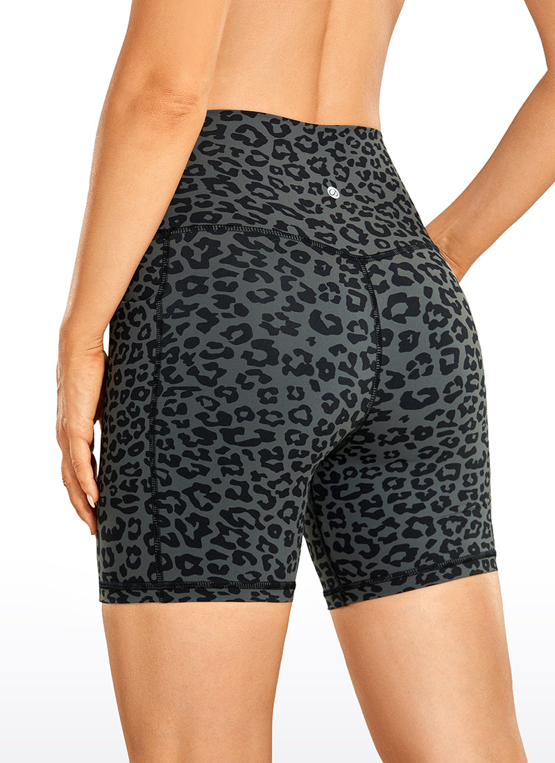 CRZ YOGA Women's Train High Rise Biker Nakedfeel Pocket Shorts 6'' Leopard Printed 1