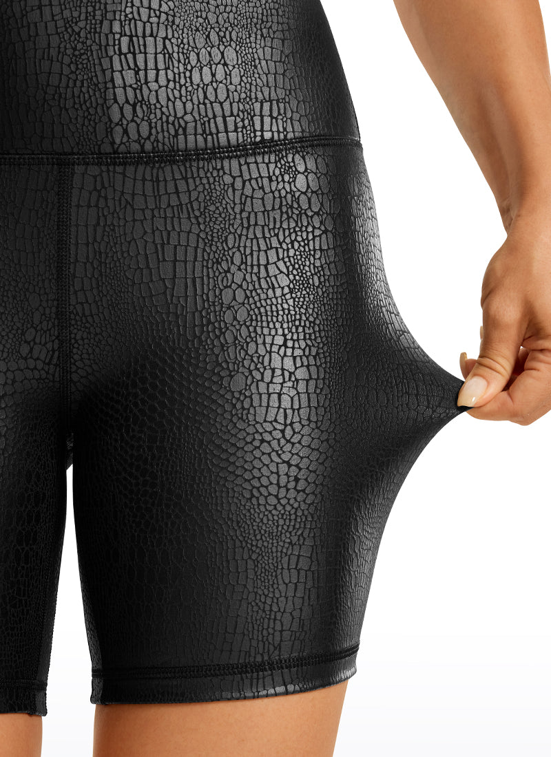 CRZ YOGA Women's High Rise Biker Shorts Coated Faux Leather Shorts 6'' Black crocodile