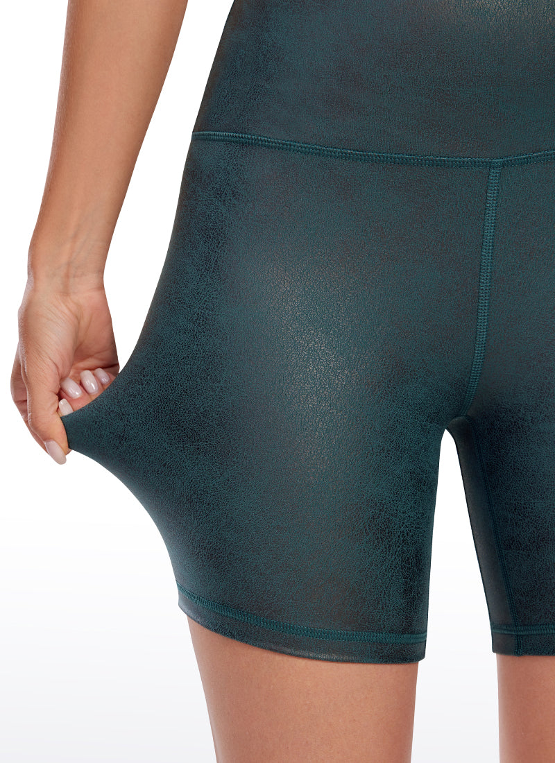 CRZ YOGA Women's High Rise Biker Shorts Coated Faux Leather Shorts 6'' Paris Green Plain