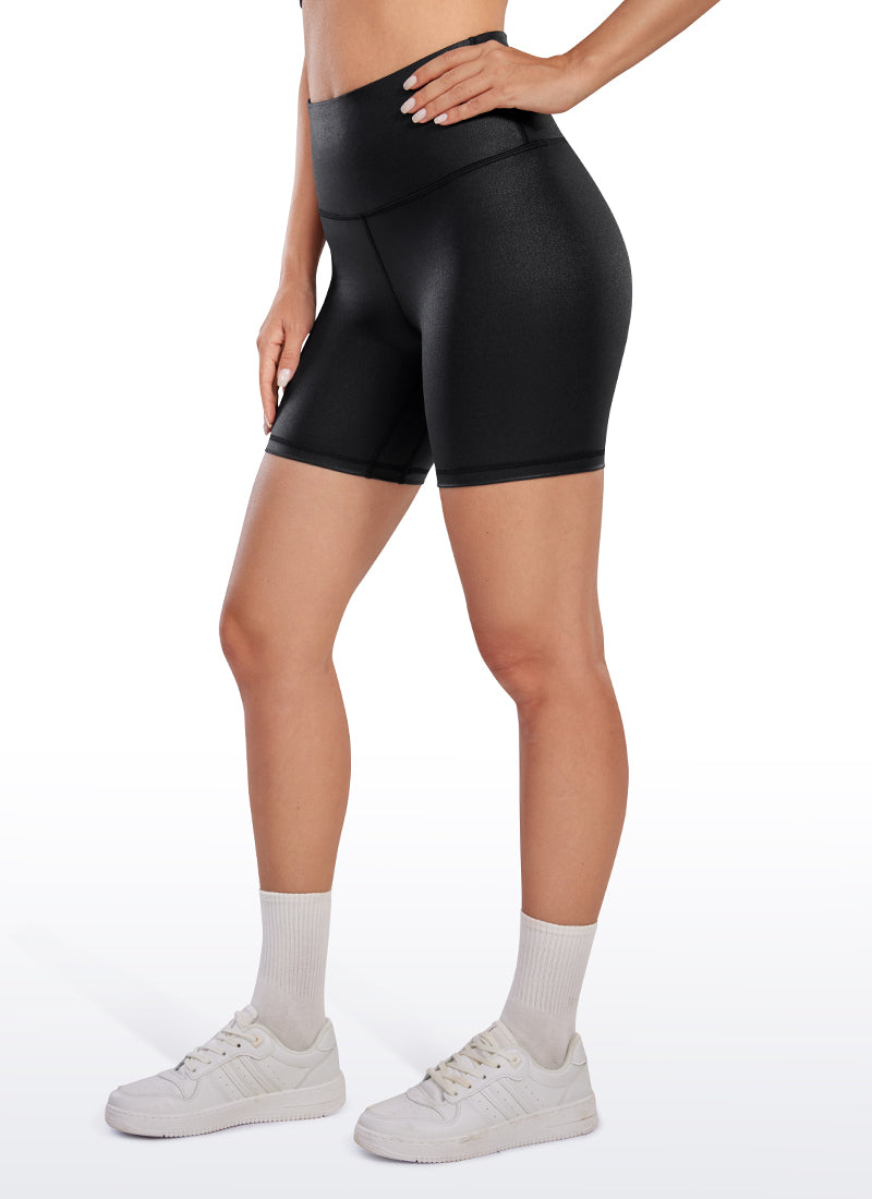 CRZ YOGA Women's High Rise Biker Shorts Coated Faux Leather Shorts 6'' Black Classic Leather