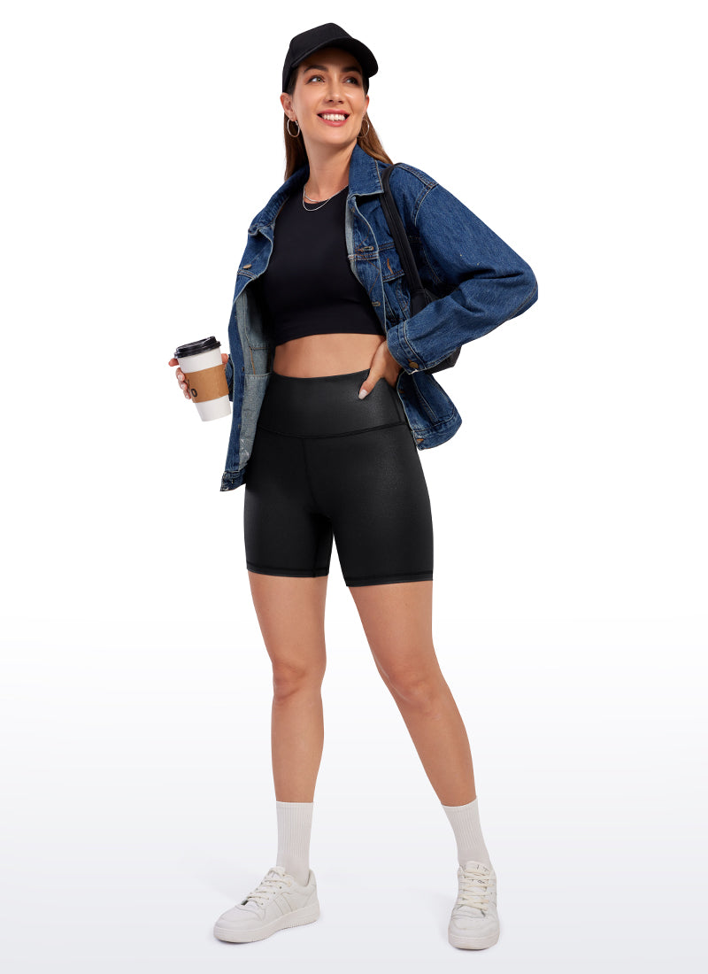 CRZ YOGA Women's High Rise Biker Shorts Coated Faux Leather Shorts 6'' Black Classic Leather