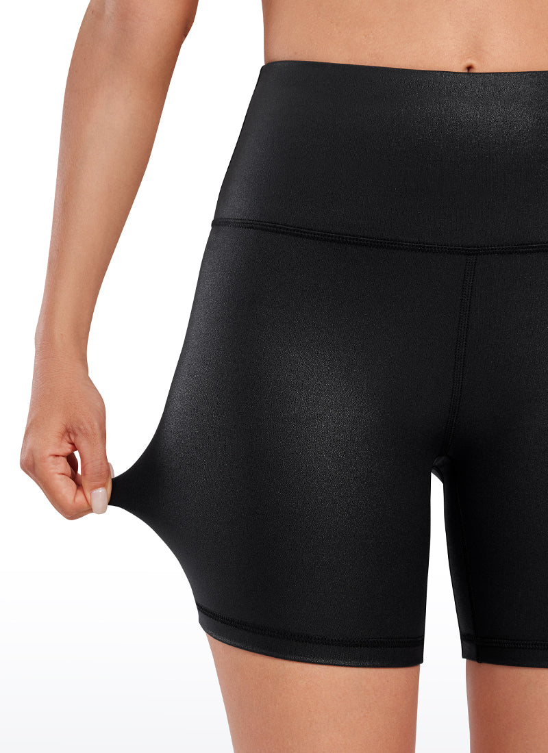 CRZ YOGA Women's High Rise Biker Shorts Coated Faux Leather Shorts 6'' Black Classic Leather