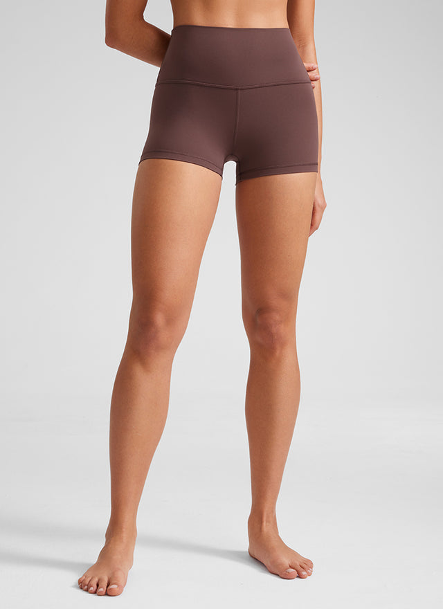 CRZ YOGA Women's Yoga High Rise Booty Butterluxe Biker Shorts 2.5'' Taupe @model_info:Fiona