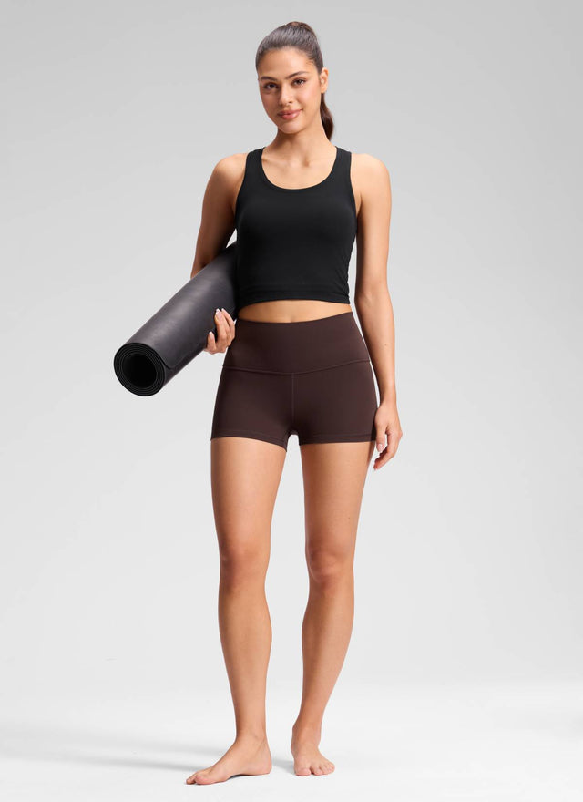 CRZ YOGA Women's Yoga High Rise Booty Butterluxe Biker Shorts 2.5'' Hot Fudge Brown @model_info:Milena
