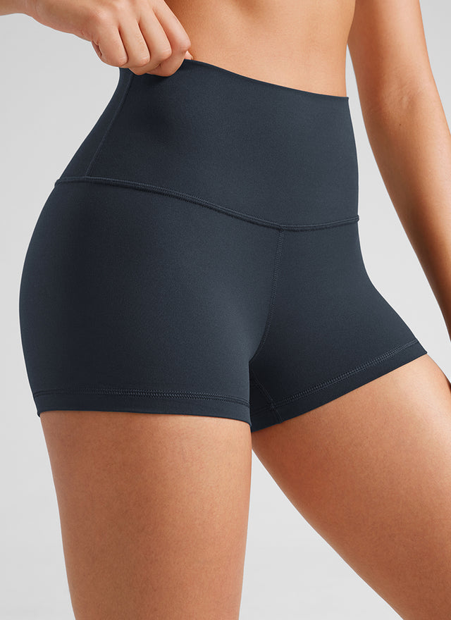 CRZ YOGA Women's Yoga High Rise Booty Butterluxe Biker Shorts 2.5'' True Navy @model_info:Fiona
