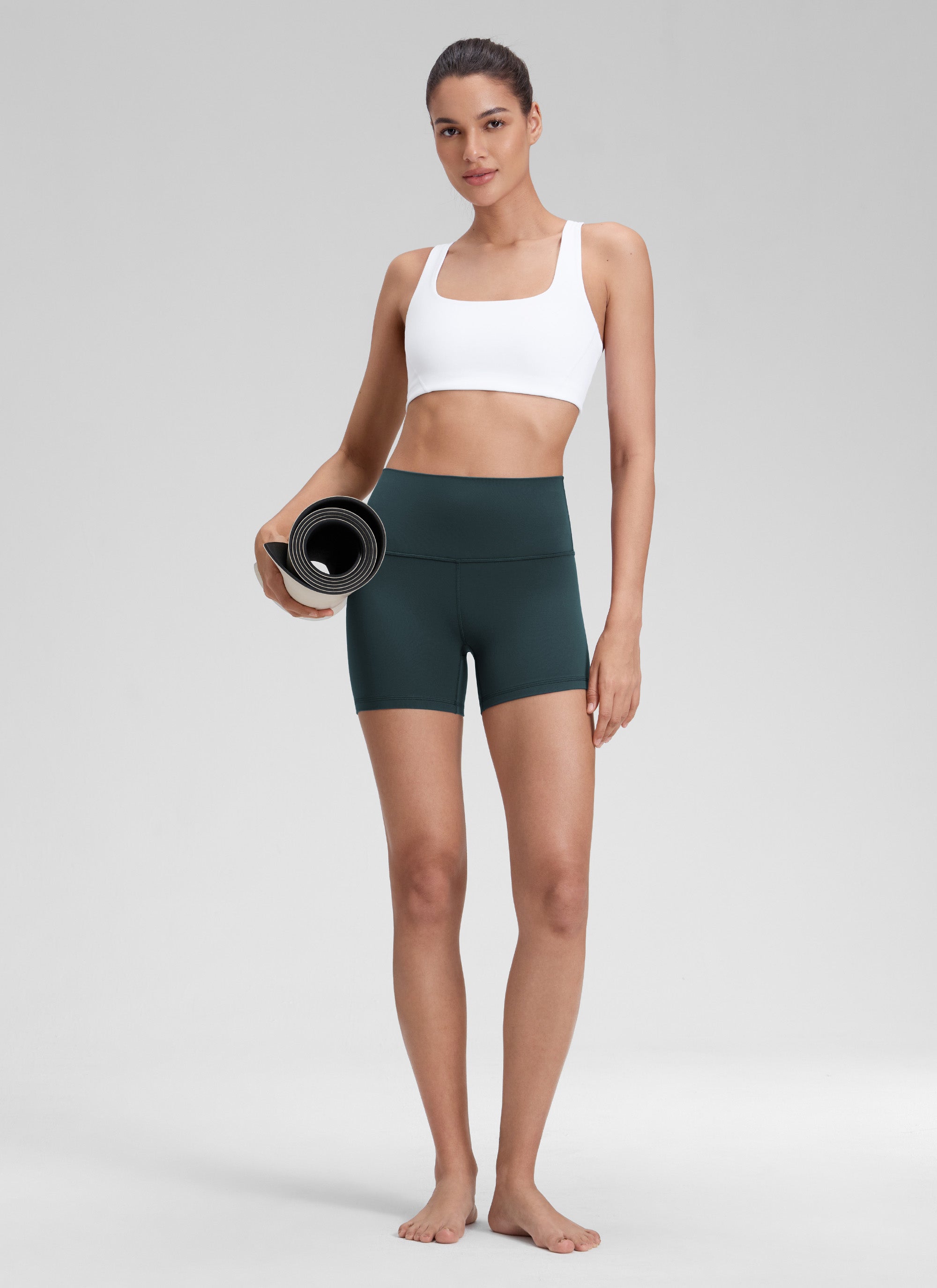 CRZ YOGA Women's Yoga High Rise Biker Shorts Butterluxe Shorts 4'' Forest Dark Green @model_info:Jenna