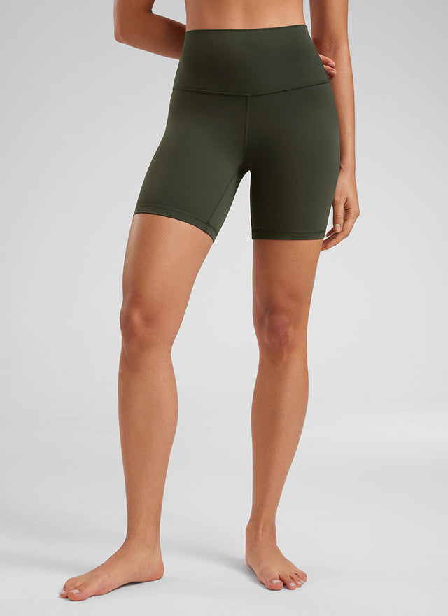CRZ YOGA Women's Yoga High Rise Biker Shorts Butterluxe Shorts 6'' Olive Green @model_info:Fiona