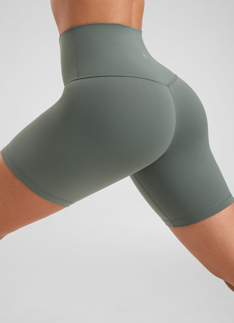 CRZ YOGA Women's Yoga High Rise Biker Shorts Butterluxe Shorts 6'' Grey Sage @model_info:Fiona