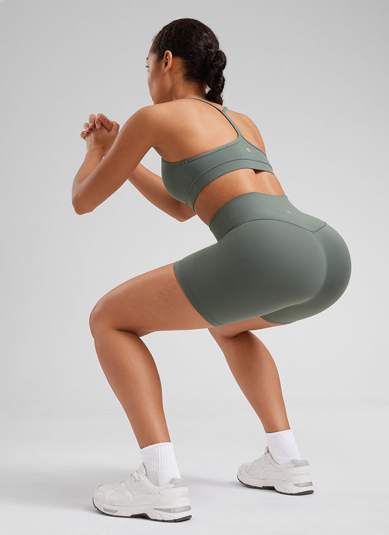 CRZ YOGA Women's Yoga High Rise Biker Shorts Butterluxe Shorts 6'' Grey Sage @model_info:Fiona