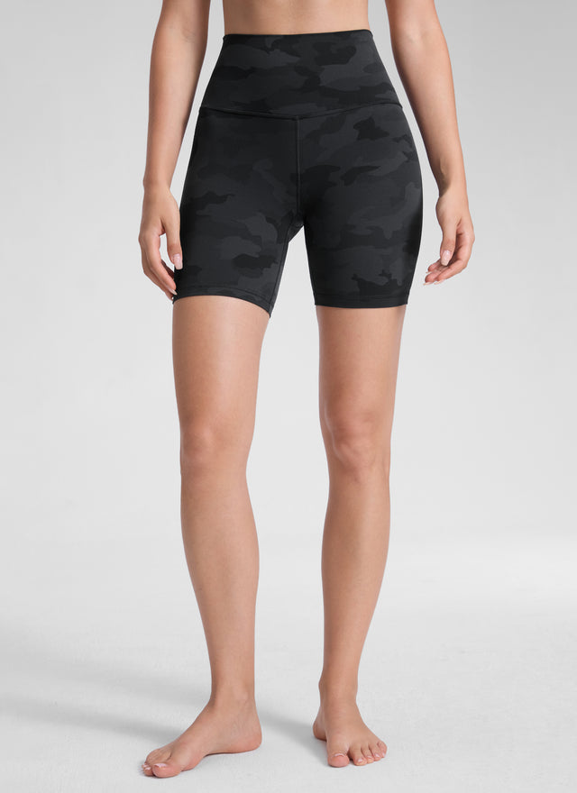 CRZ YOGA Women's Yoga High Rise Biker Shorts Butterluxe Shorts 6'' Dark Grey Camouflage 2 @model_info:Malisa