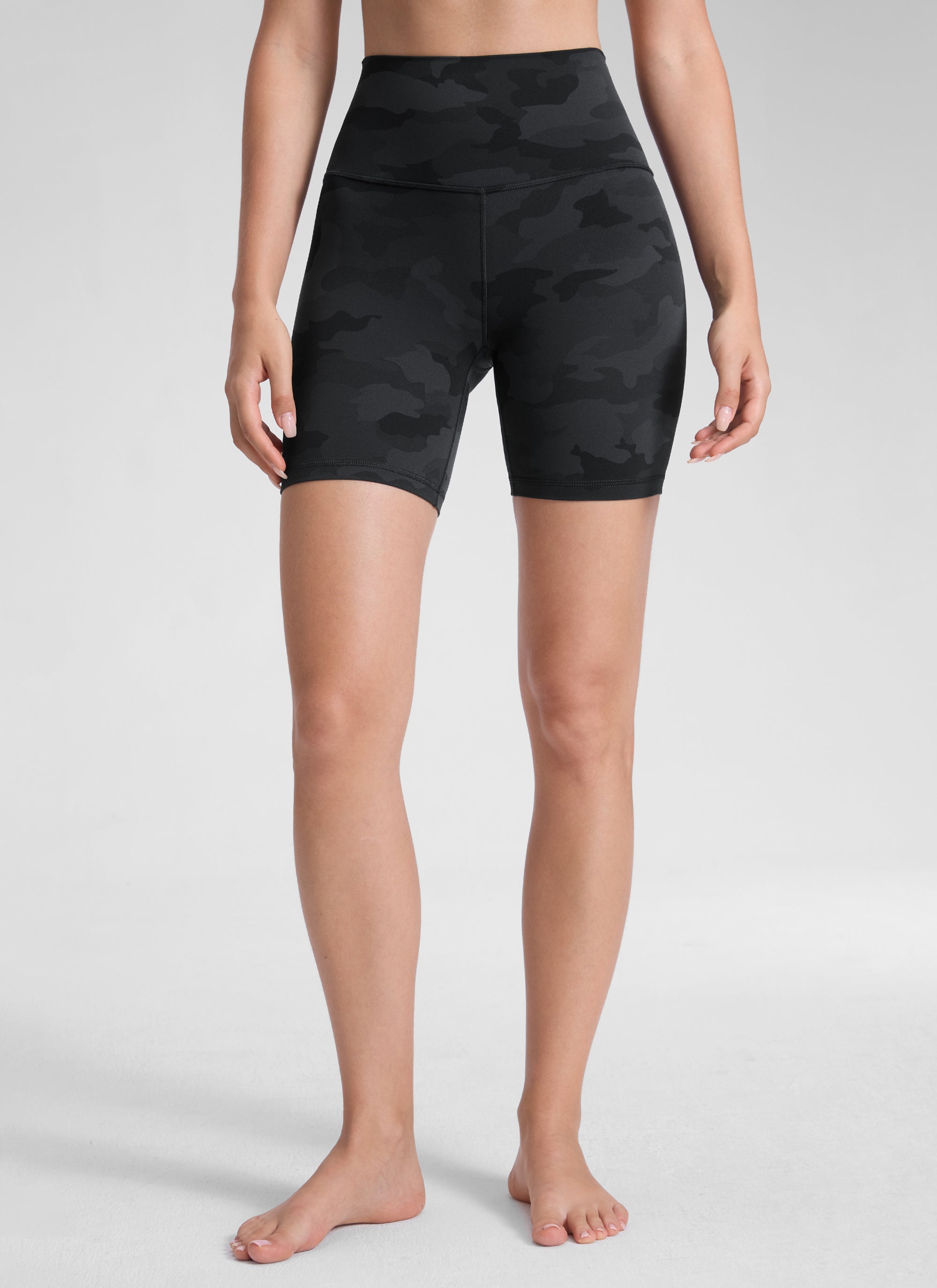 CRZ YOGA Women's Yoga High Rise Biker Shorts Butterluxe Shorts 6'' Dark Grey Camouflage 2 @model_info:Malisa