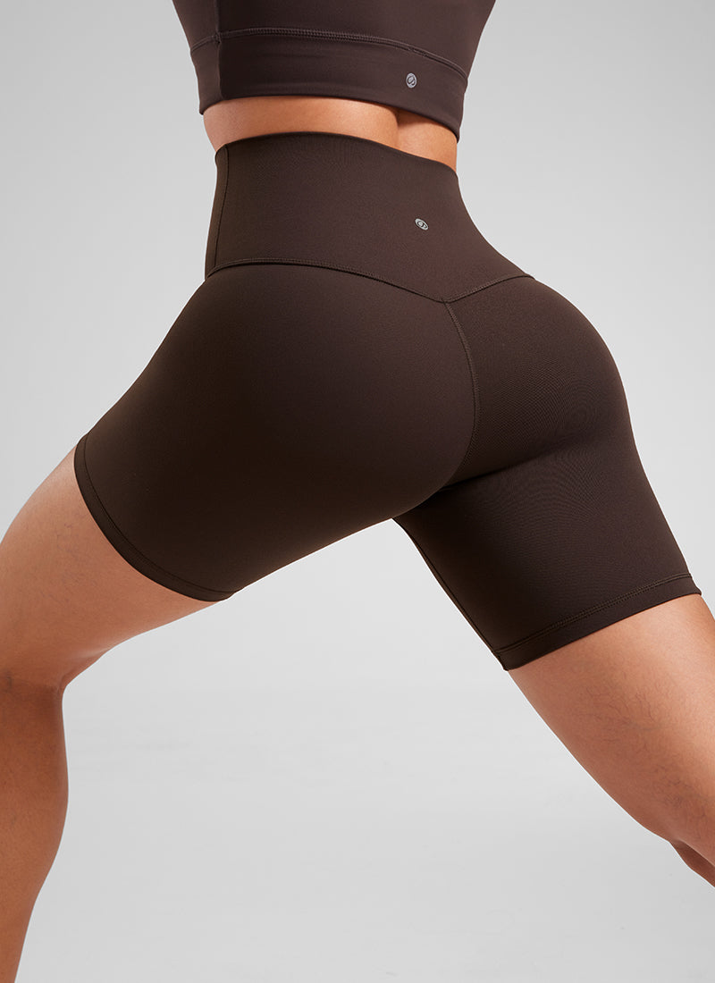 CRZ YOGA Women's Yoga High Rise Biker Shorts Butterluxe Shorts 6'' Hot Fudge Brown @model_info:Fiona
