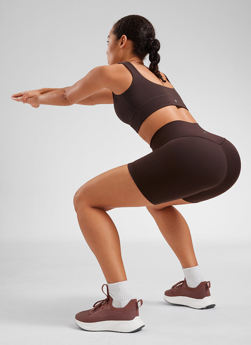 CRZ YOGA Women's Yoga High Rise Biker Shorts Butterluxe Shorts 6'' Hot Fudge Brown @model_info:Fiona