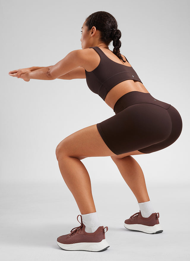 CRZ YOGA Women's Yoga High Rise Biker Shorts Butterluxe Shorts 6'' Hot Fudge Brown @model_info:Fiona