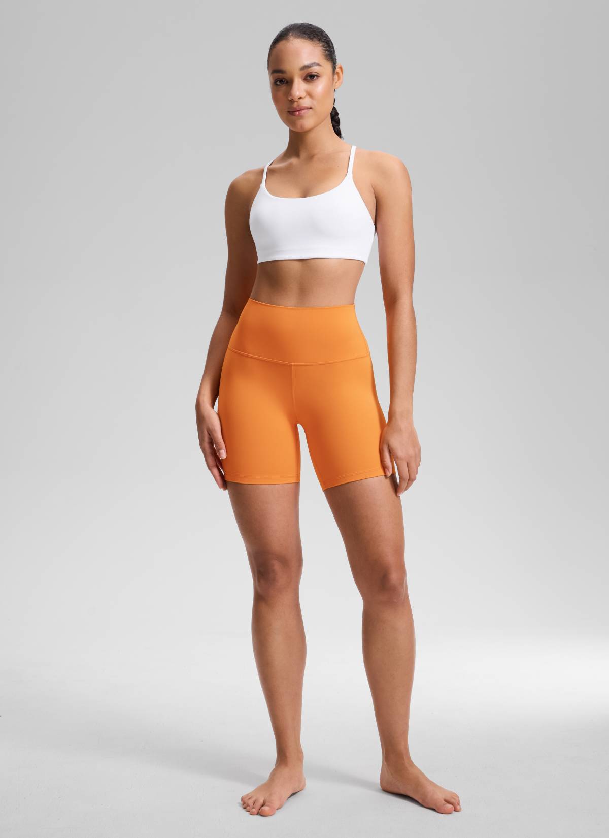 CRZ YOGA Women's Yoga High Rise Biker Shorts Butterluxe Shorts 6'' Tiger Orange @model_info:Fiona