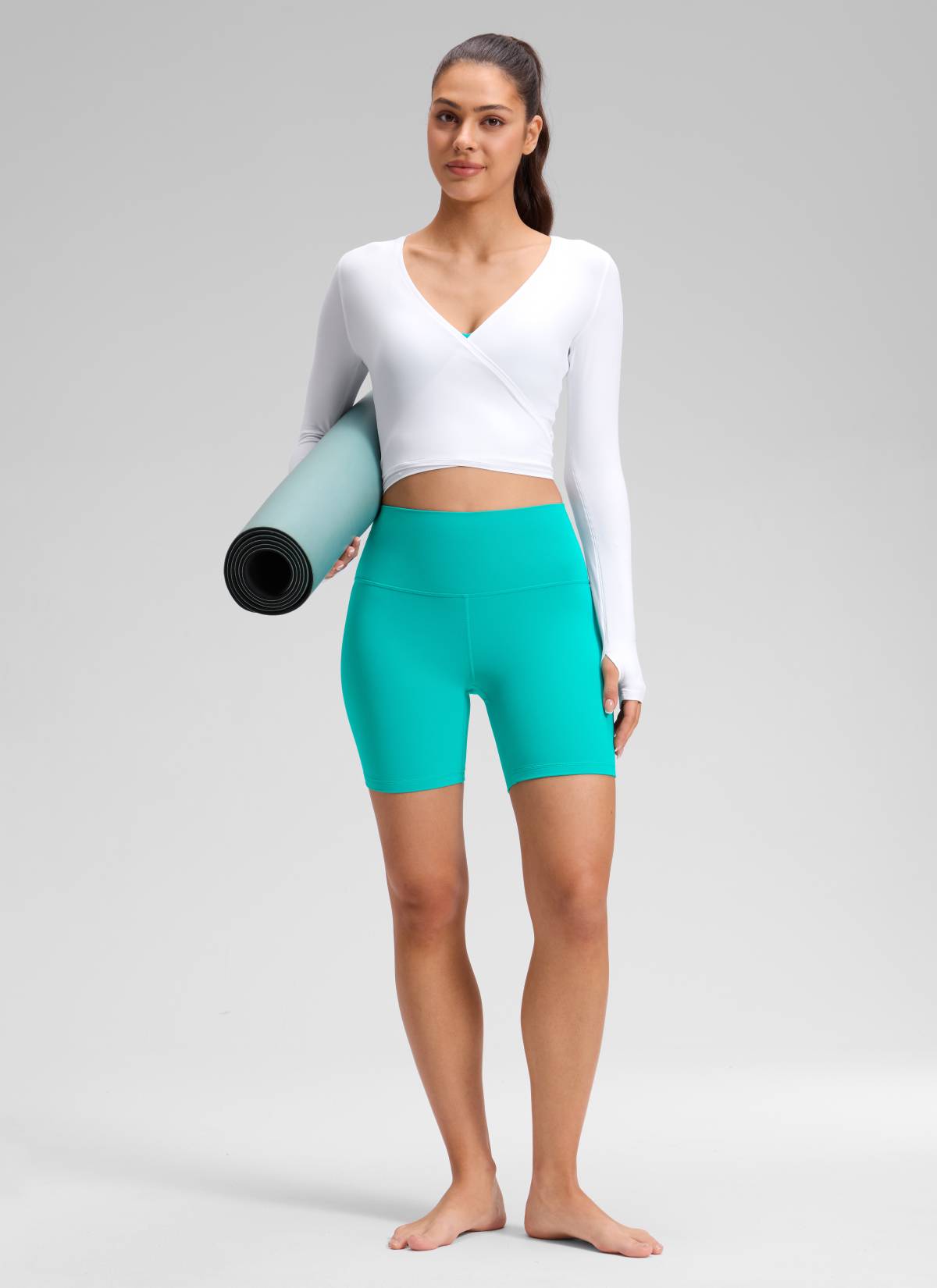 CRZ YOGA Women's Yoga High Rise Biker Shorts Butterluxe Shorts 6'' Tropics Teal @model_info:Milena