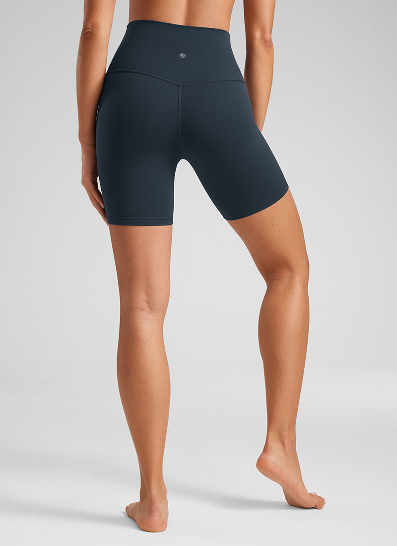 CRZ YOGA Women's Yoga High Rise Biker Shorts Butterluxe Shorts 6'' True Navy @model_info:Fiona