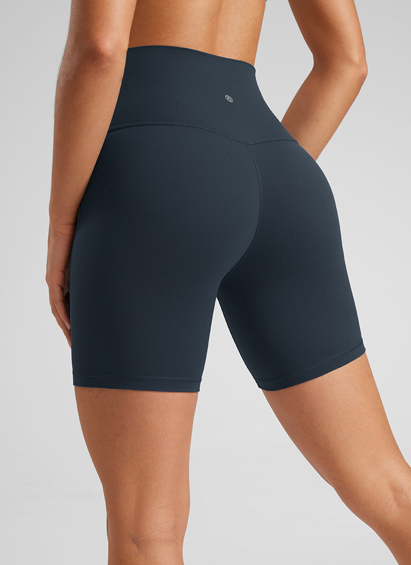 CRZ YOGA Women's Yoga High Rise Biker Shorts Butterluxe Shorts 6'' True Navy @model_info:Fiona