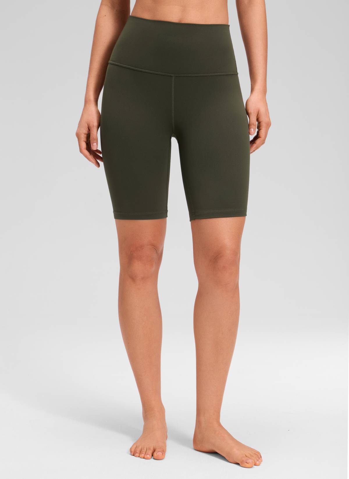CRZ YOGA Women's Yoga High Rise Butterluxe Long Biker Shorts 8'' Olive Green @model_info:Larissa