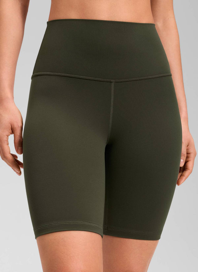 CRZ YOGA Women's Yoga High Rise Butterluxe Long Biker Shorts 8'' Olive Green @model_info:Larissa