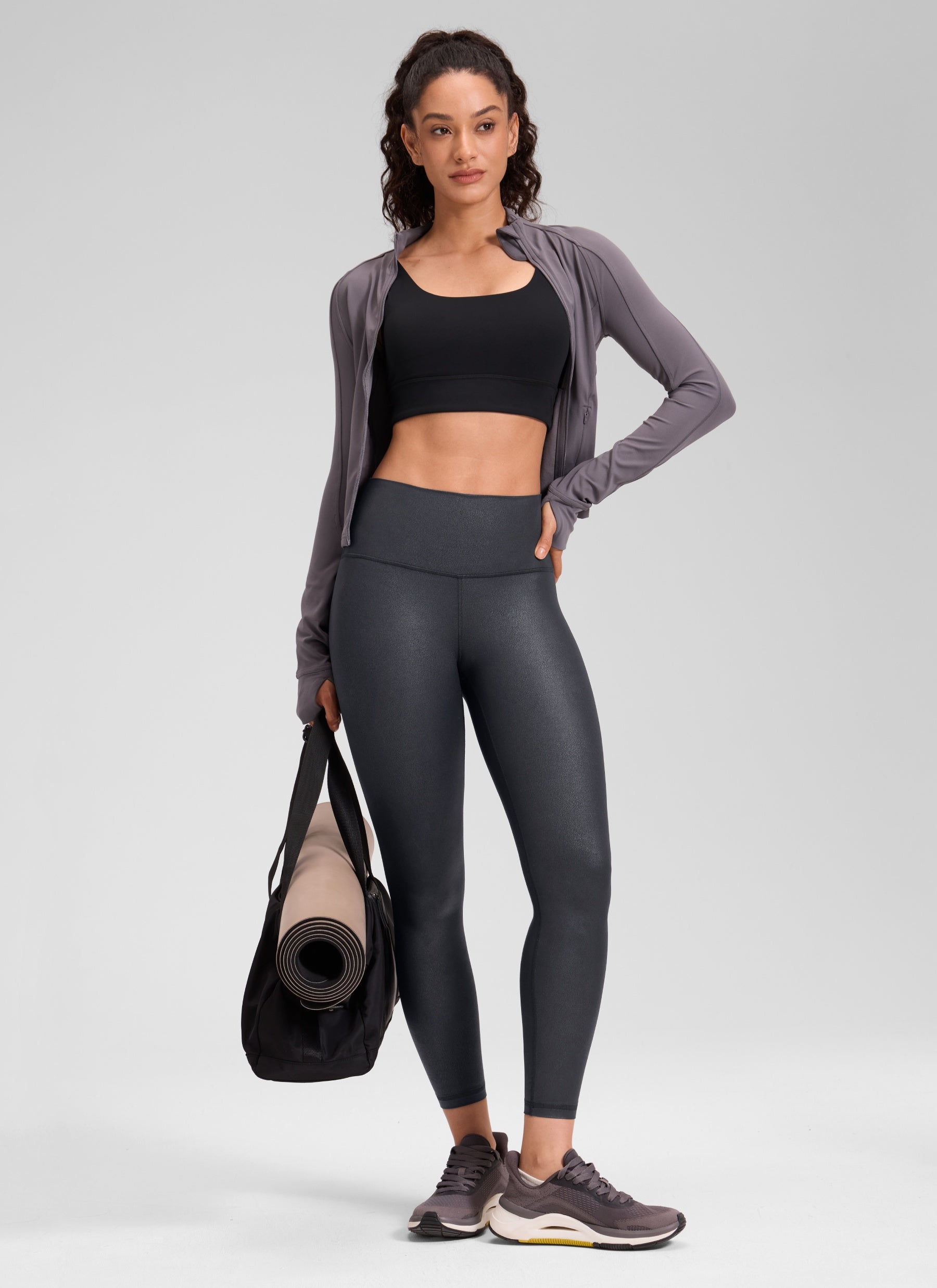 CRZ YOGA Women Butterluxe Matte Faux Leather Leggings 25'' Mysterious Grey Foil Pattern @model_info:Larissa