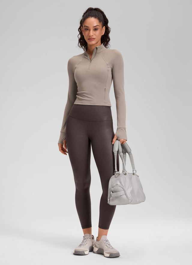 CRZ YOGA Women Butterluxe Matte Faux Leather Leggings 25'' Hot Fudge Brown Foil Pattern @model_info:Larissa