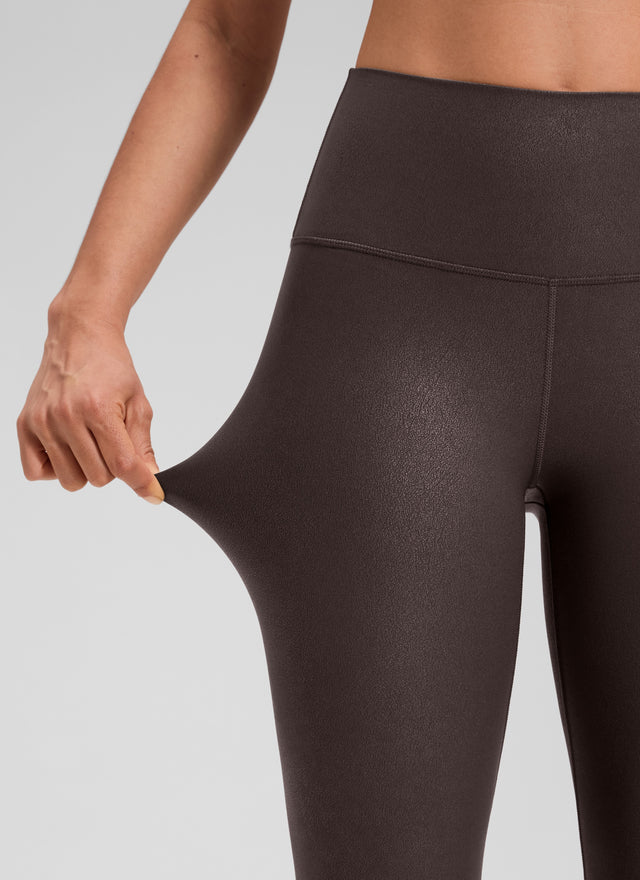CRZ YOGA Women Butterluxe Matte Faux Leather Leggings 25'' Hot Fudge Brown Foil Pattern @model_info:Larissa