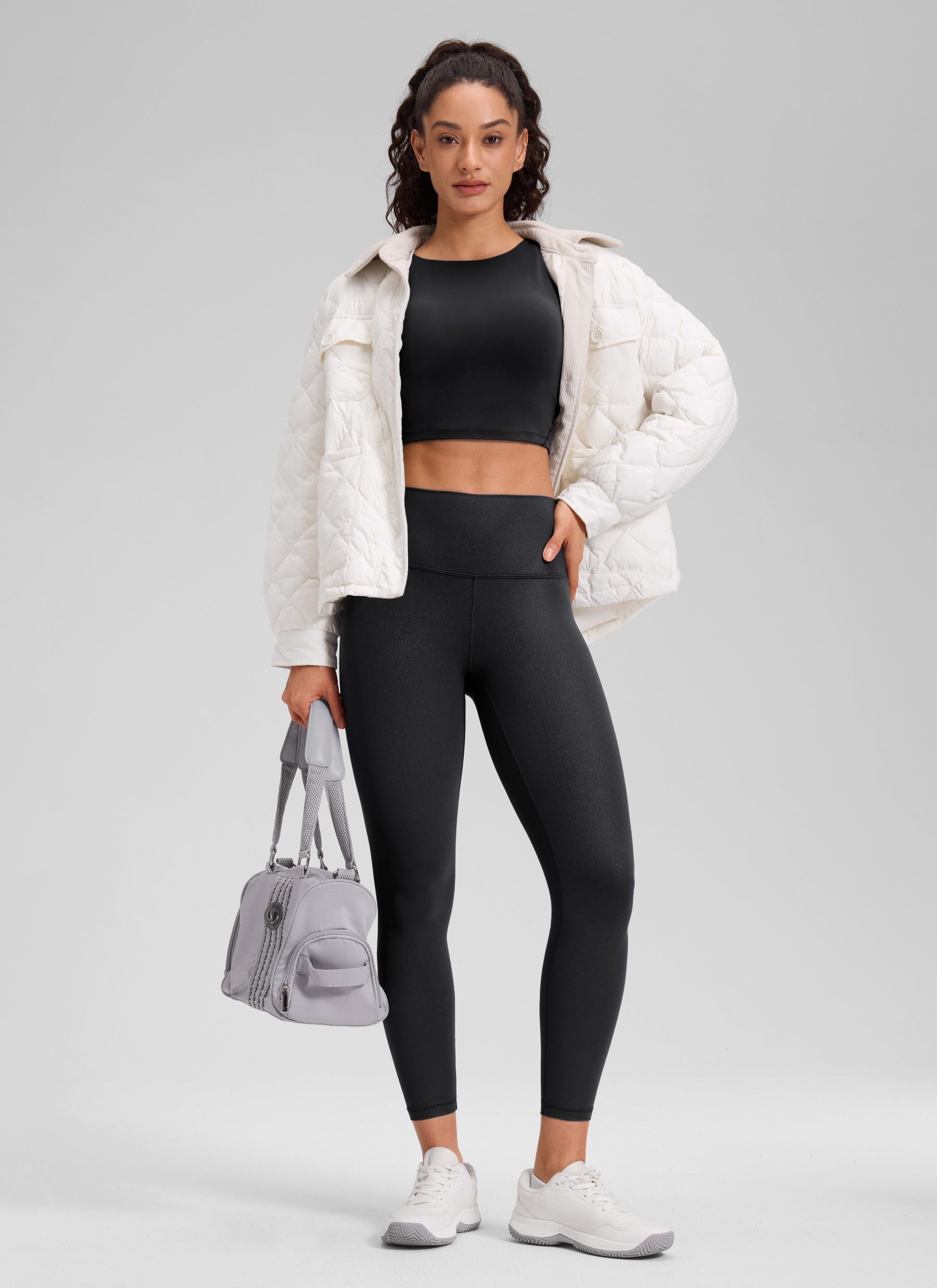 CRZ YOGA Women Butterluxe Matte Faux Leather Leggings 25'' Black Foil Pattern @model_info:Larissa