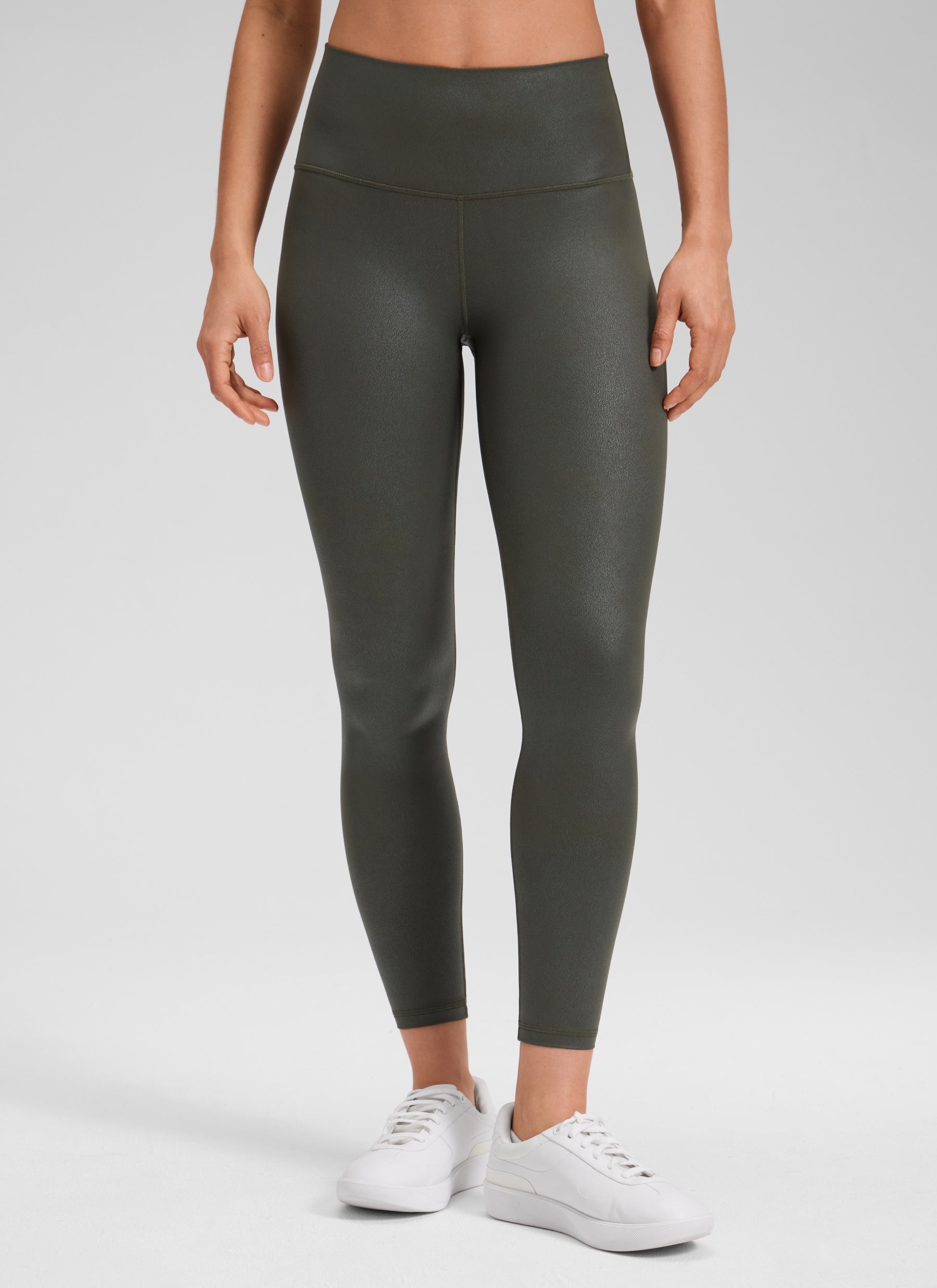 CRZ YOGA Women Butterluxe Matte Faux Leather Leggings 25'' Olive Green Foil Pattern @model_info:Larissa