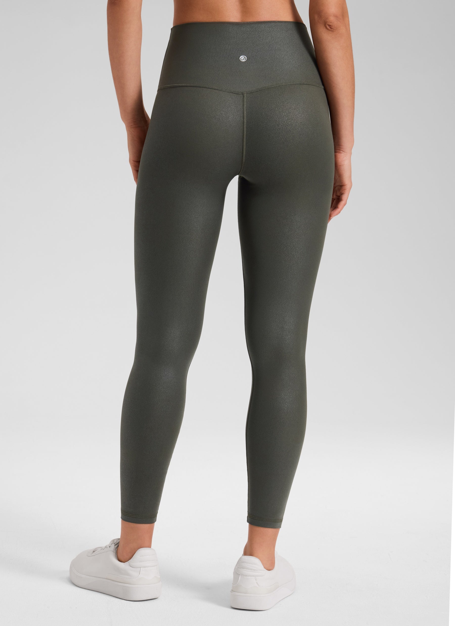 CRZ YOGA Women Butterluxe Matte Faux Leather Leggings 25'' Olive Green Foil Pattern @model_info:Larissa