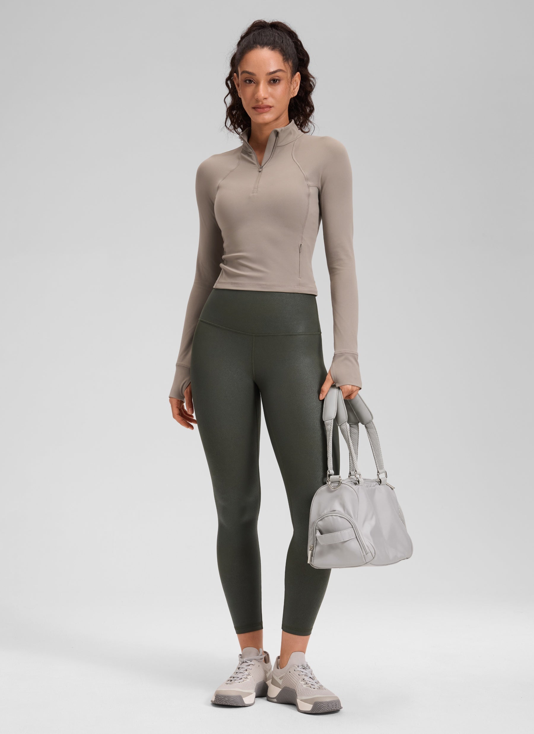 CRZ YOGA Women Butterluxe Matte Faux Leather Leggings 25'' Olive Green Foil Pattern