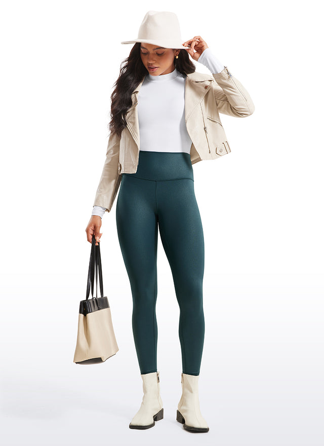 CRZ YOGA Women Butterluxe Matte Faux Leather Leggings 25'' Forest Dark Green Foil Pattern