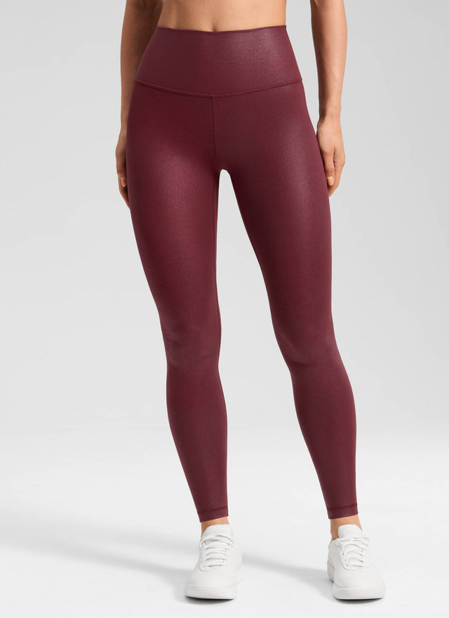CRZ YOGA Women Butterluxe Matte Faux Leather Leggings 28' Red Merlot Foil Pattern