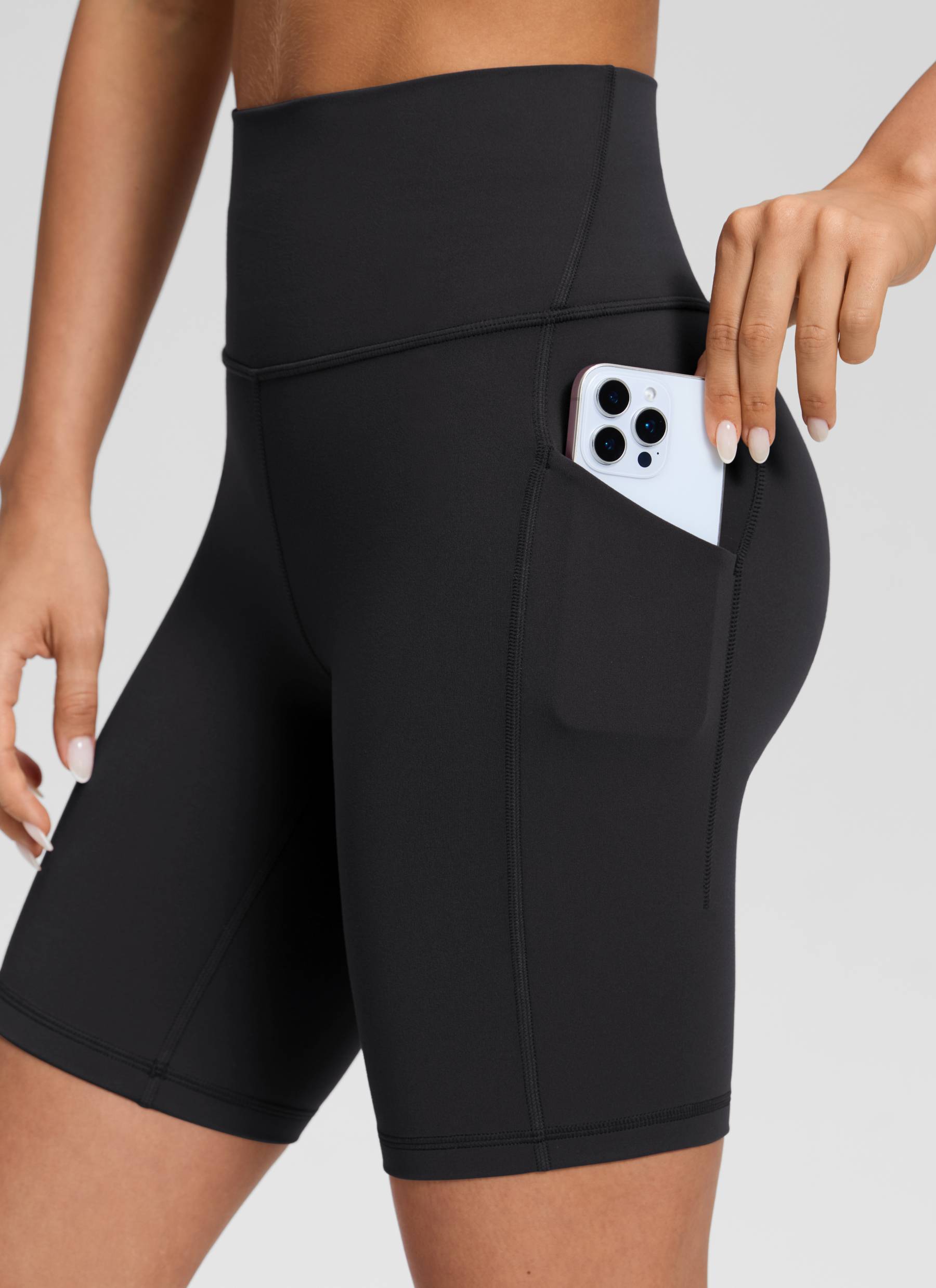 CRZ YOGA Women's Yoga High Rise Biker Butterluxe Pockets Shorts 8'' Black @model_info:Isidora