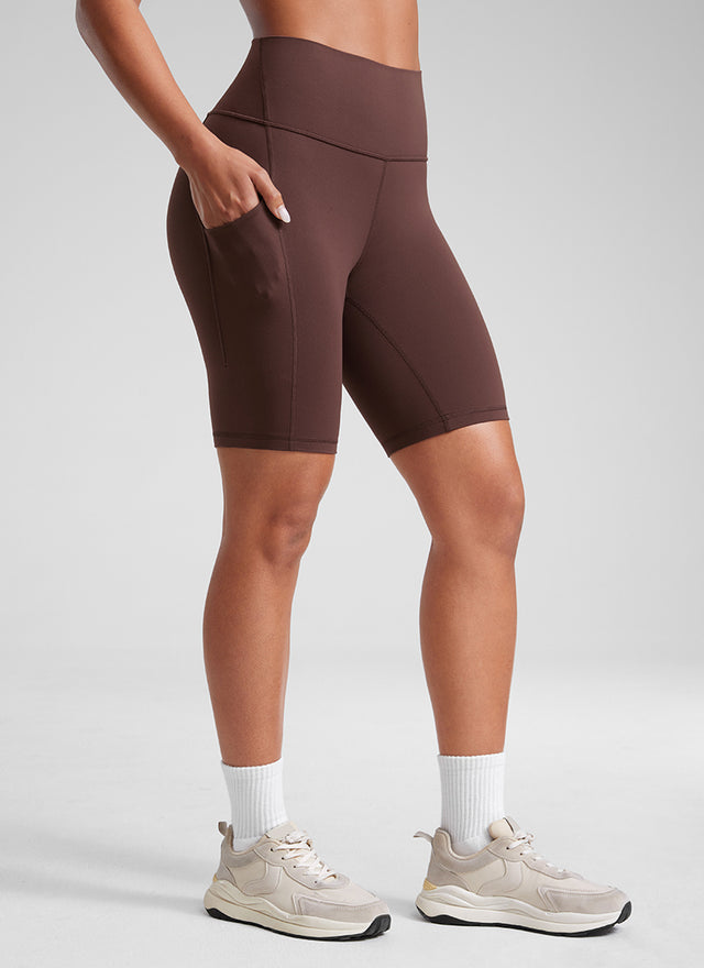 CRZ YOGA Women's Yoga High Rise Biker Butterluxe Pockets Shorts 8'' Taupe