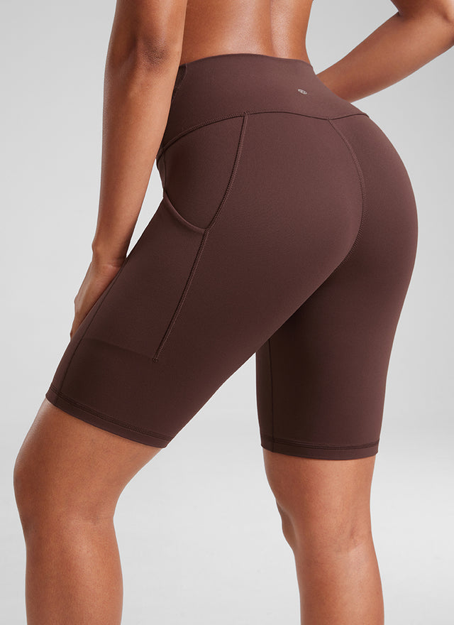 CRZ YOGA Women's Yoga High Rise Biker Butterluxe Pockets Shorts 8'' Taupe