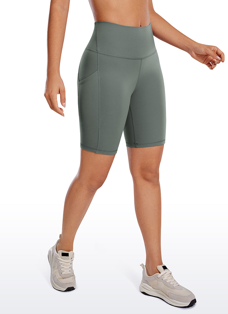 CRZ YOGA Women's Yoga High Rise Biker Butterluxe Pockets Shorts 8'' Grey Sage @model_info:Gabe