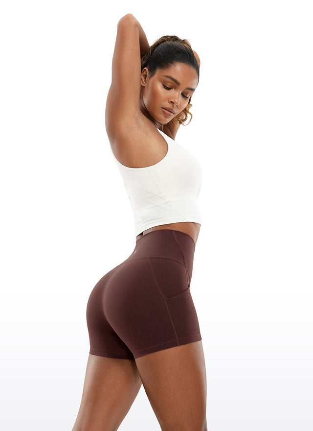 CRZ YOGA Women's Yoga High Rise Biker Butterluxe Pockets Shorts 3'' Taupe