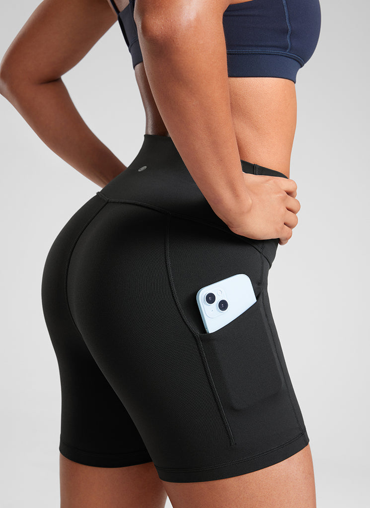 CRZ YOGA Women's Yoga High Rise Biker Butterluxe Pockets Shorts 5'' Black