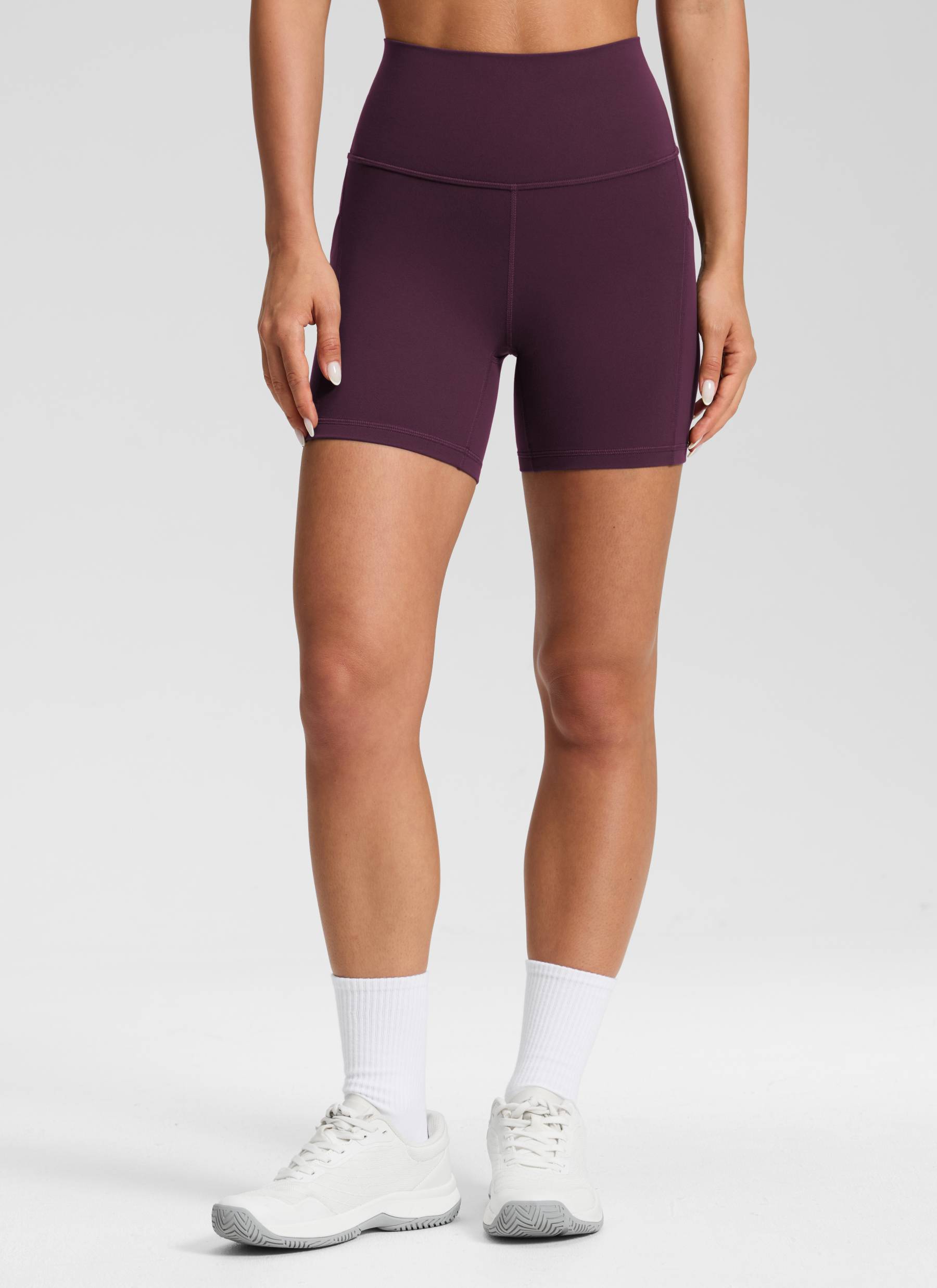CRZ YOGA Women's Yoga High Rise Biker Butterluxe Pockets Shorts 5'' Deep Purple @model_info:Isidora