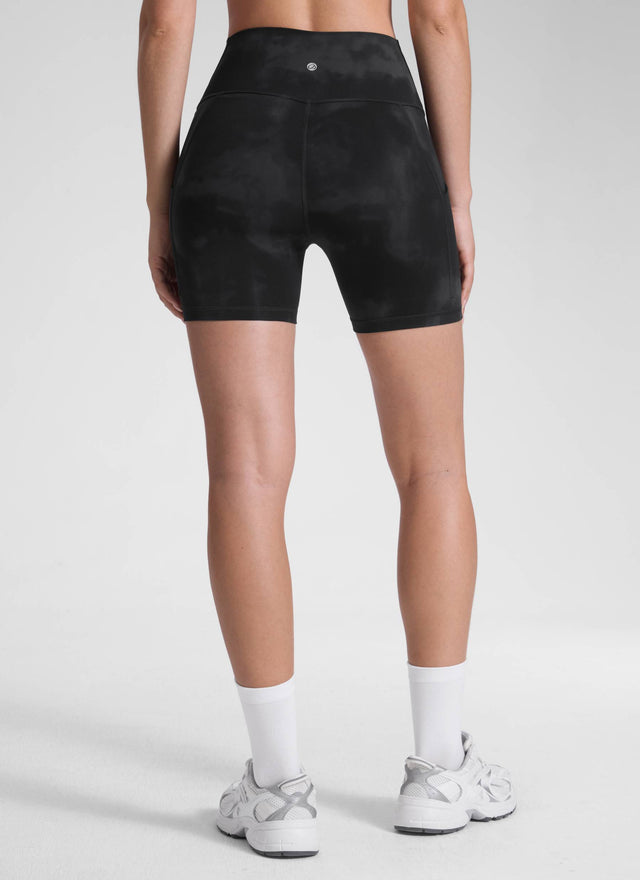 CRZ YOGA Women's Yoga High Rise Biker Butterluxe Pockets Shorts 5'' Black Tie Dye Flowers